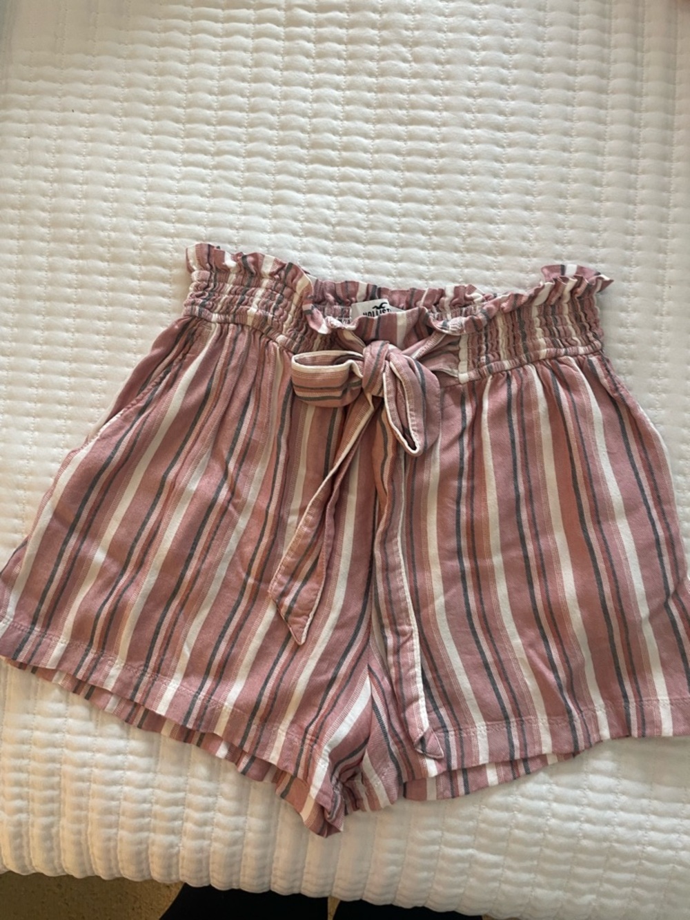 Hollister Pink Striped Paperbag Waist High-Rise Shorts